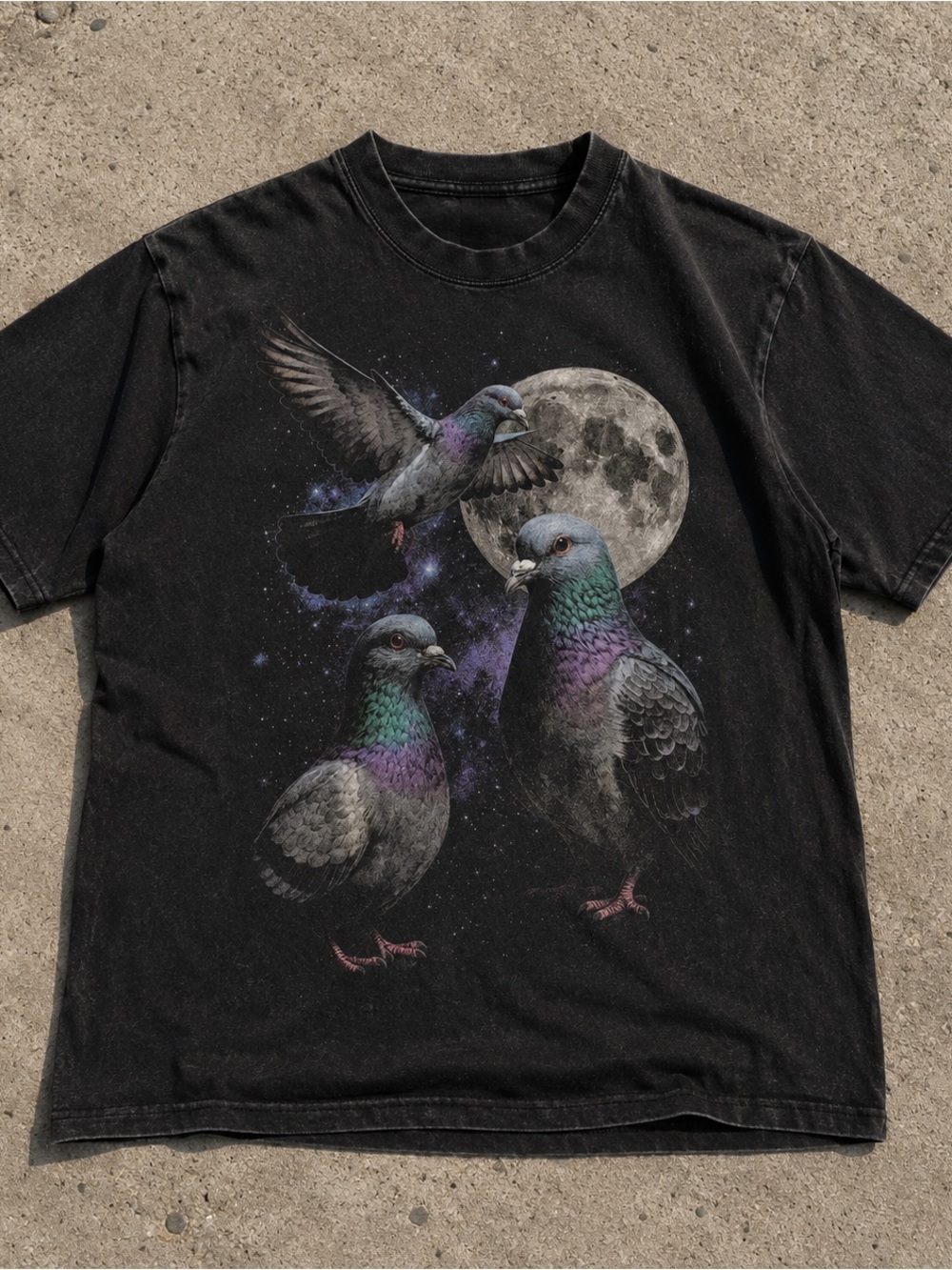 Gildan Black Tee with Pigeon Moon Graphic and Iridescent Green-Purple Accents